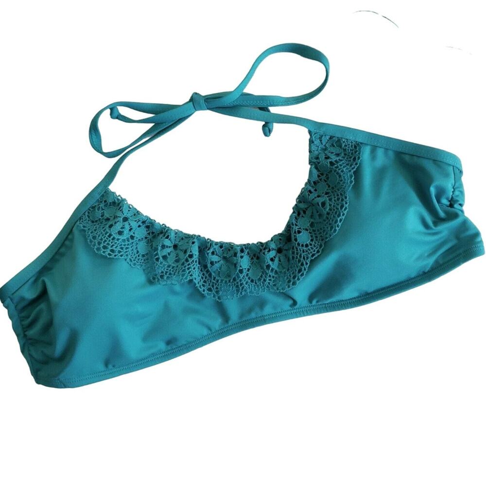 LAUNDRY by Design lace trim halter bralette bikini swim top enamel blue Sz M NEW